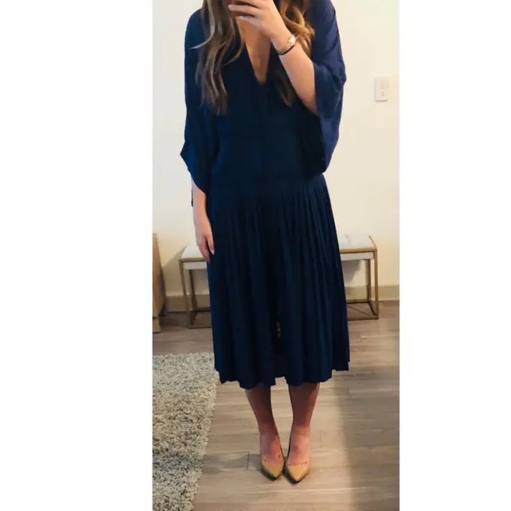 Veronique Bronquinho Italy ink Blue Pleated Fit-and-Flare Dress fits size 10 12 - Picture 4 of 14